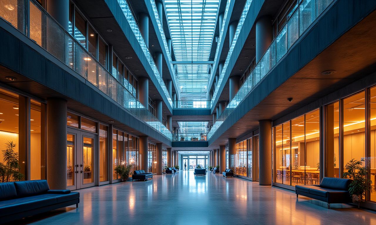 A modern building atrium with sophisticated custom lighting fixtures.