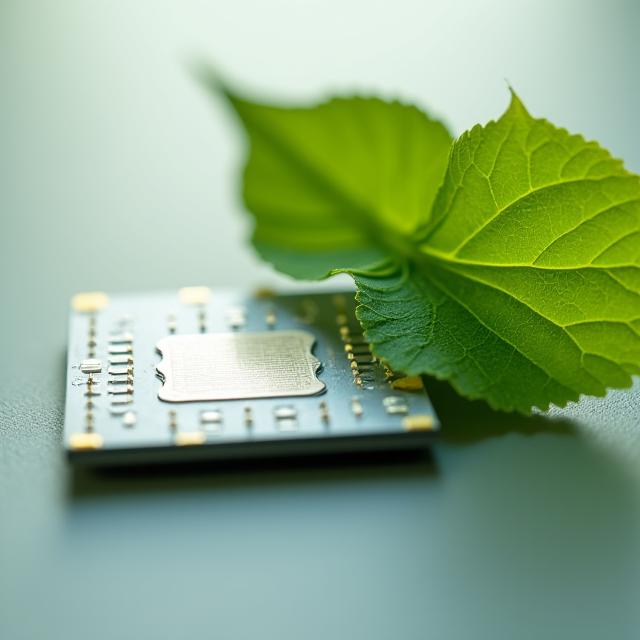 Close-up of an energy-efficient LED chip with a green leaf resting beside it.
